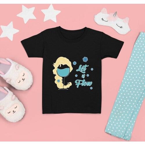 Elsa Cartoon T-shirts Disney Kids Top Clothes Let It Flow Four Seasons Black White T Shirts Wine Glass Princess Kawaii Drop Ship