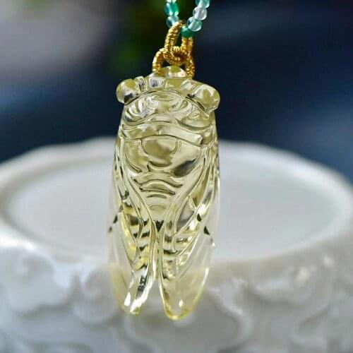 Best Natural Yellow Citrine Quartz Crystal Pendant 42*19*15mm Gemstone Women Men Cicada Carved Wealthy Bead Necklace AAAAA