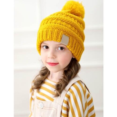 Cute Big Hair Ball Winter Baby Kids Cotton Knitted Caps Girls Boys Warm Bonnet Woolen Caps for 1-8Y Hats