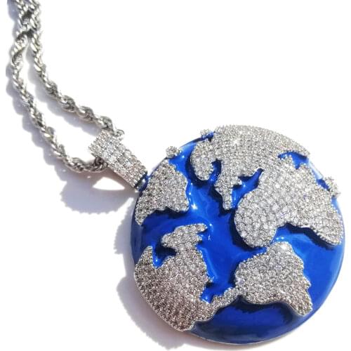 Iced Out Blue Earth Pendant Bling Cubic Zircon Necklace For Men and Women Fashion Hip Hop Jewelry Gifts