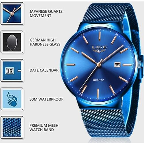 LIGE 2019 New Mens Watches Top Luxury Brand Man Fashion Blue Quartz Wrist Watch Sport Waterproof Watch For Men Relogio Masculino