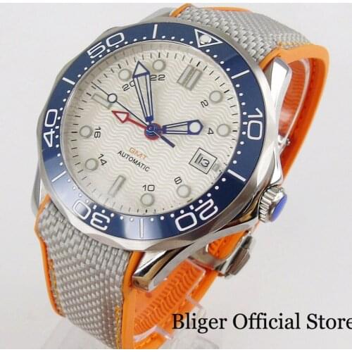 BLIGER White Wristwatch Men Rotating Bezel Rubber Band GMT Hand Autoamtic Movement Ceramic Bezel Insert