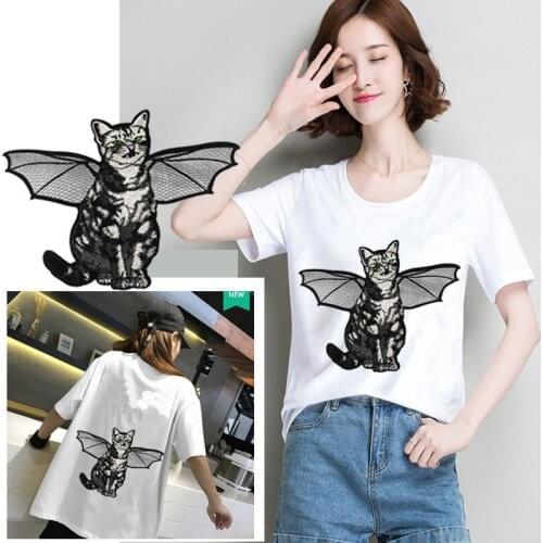 New DIY Flying Cat Vintage Embroidery Fabric Large Applique Patch African Lace Sew Dress Cloth Decorate Accessory