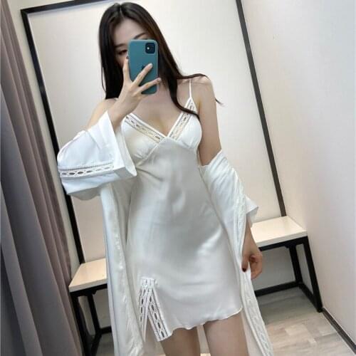 New Womens Spring And Summer Sexy Underwear, Womens White Kimono, Two-piece Nightgown, Womens Satin Pajamas, Suspender Skirt