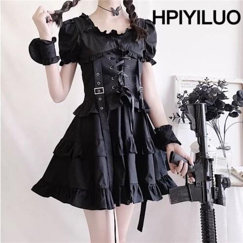 Victorian Renaissance Black Gothic Lolita Dress Japanese Girl Vintage Punk Style Puff Sleeve Bandage Mini Dress Women Dresses