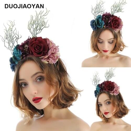DUOJIAOYAN 2020 New Christmas Antler hair hoop Color Artificial flower Hairband Festival elk Tree Branch Deer headband