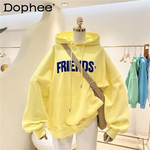 Flocking Letters 2021 Spring and Autumn All-Match Bf Style Pullover Hoodies Loose Large Size Terry Cotton Sweatshirts Women