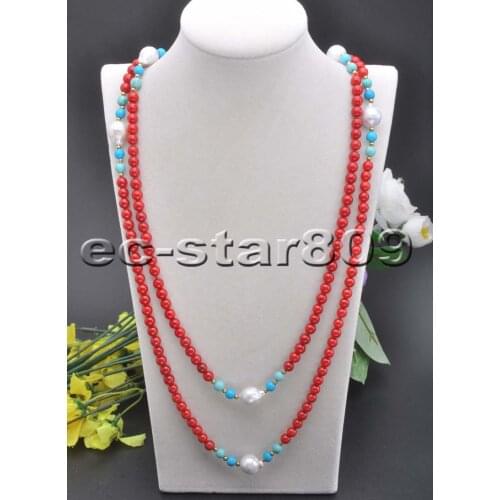 S2120 54" Round Red Coral Blue Turquoise White Keshi Pearl Necklace