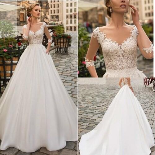 Wedding Dress Long Sleeves Boho Bride Dresses A Line Ivory Lace Appliques Satin Wedding Gown Vestido De Noiva Robe De Mariee