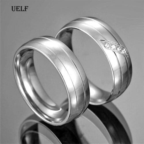 Uelf Stainless Steel Wedding Ring For Lovers IP SILVER Color Crystal CZ Couple Rings Men Women Engagement Wedding Rings