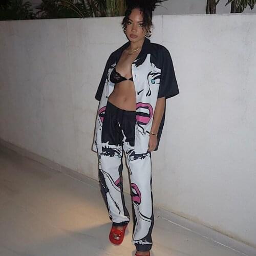 Hip Hop Character Print Two Piece Set for Women Festival Clothing Shirt Top and Pants Set Streetwear Club Outfits Matching Sets