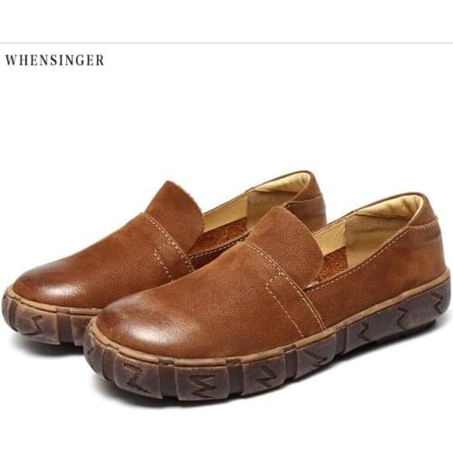 Whensinger -(35-40)Womens Shoes Plus Size Genuine Leather Flat Shoes Casual Slip on Loafers Ladies Moccasins Mori Girl Style
