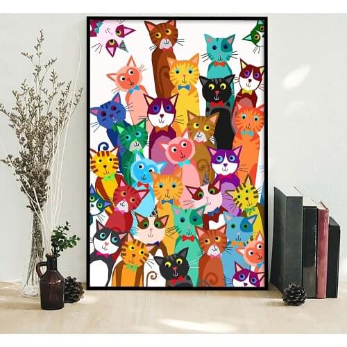Funny Multi Cat Posters & Prints Cartoon Cute Pet Cat Canvas Art Painting Vinatge Nursery Wall Pictures Childrens Room Decor