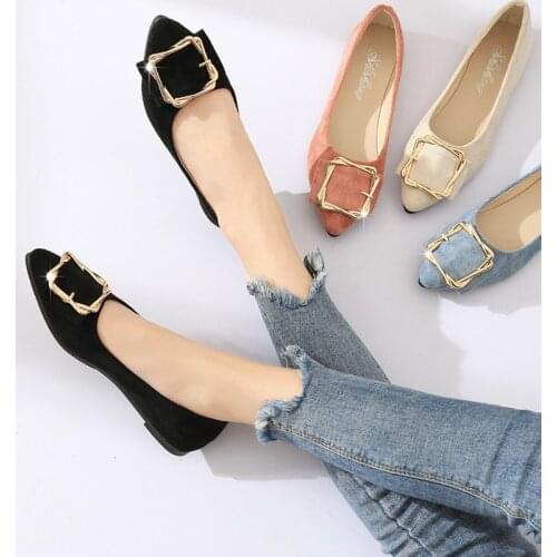 Womens Pointed Flat Shoes Soft Soled Metal Buckle Shoes in Suede