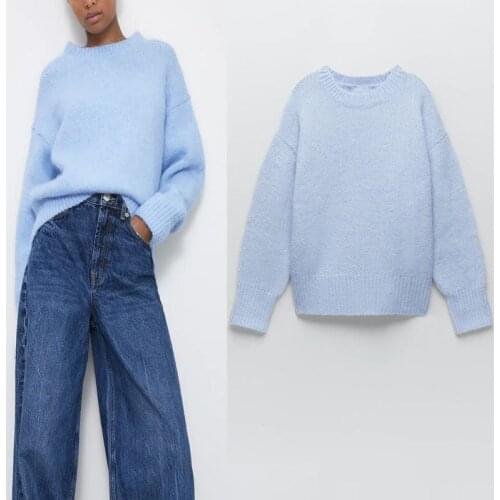 Za Women Sky Blue Ribbed Knit Sweater 2020 O Neck Long Sleeve Casual Winter Sweaters Top Woman Fashion Streetwear Pullover