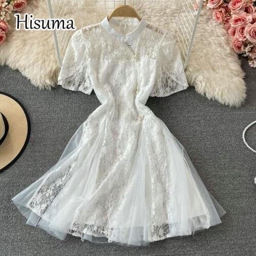 2021 summer new womens chic o-neck puff sleeve sequins lace stitching mesh dresses female retro bling A-line dress