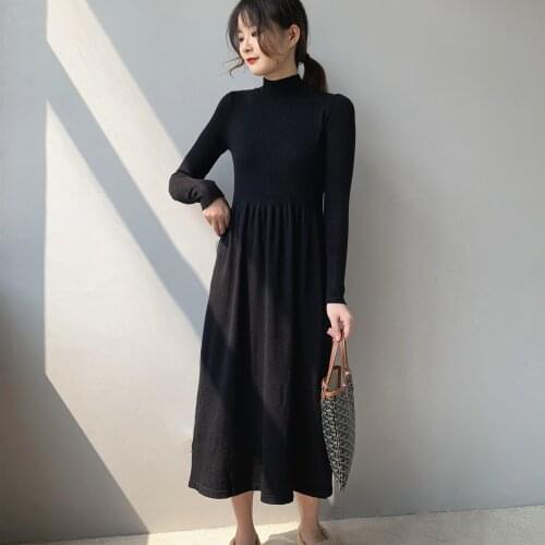 Johnature Korean Women Clothes Dresses 2021 Spring New Loose Knitting Solid Color Simple Render Dress