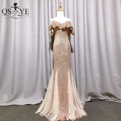 Gold Sequin Evening Dresses Mermaid Off the Shoulder Spaghetti Straps Ruffles Long Prom Gown Glitter Tulle Party Formal Dress