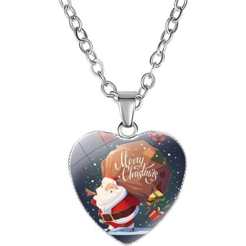 10PC Merry Christmas Bell Elk Pendant Necklace Art Glass Dome Christmas Tree and snowman Cat Dog Necklace Holiday Gift Jewelry