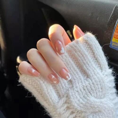 24PCS Set Jelly Gel Acrylic Fake Nail with Designs Pink Heart Short Square Press on korean nails JP1736-B3