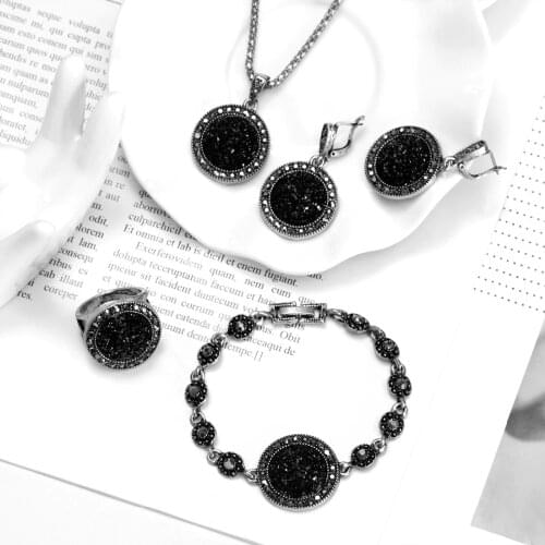 Wholesale Vintage Black Jewelry Set Fashion Women Jewelry Set Antique Silver Crystal Round Stone Pendant Necklace Sets 4Pcs