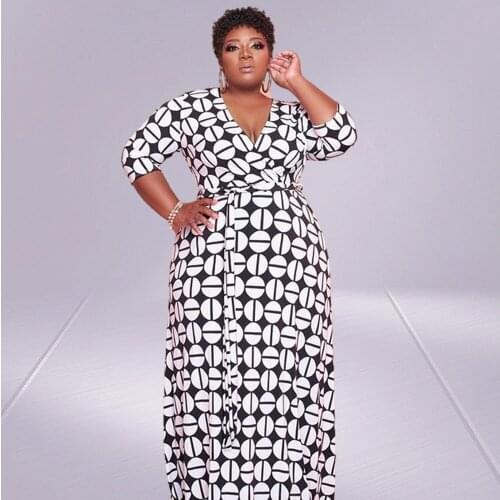 5xl Plus Size Dress Women Wholesale Bodycon Stretch Print Dresses with Belt Full Length Long Sleeve Dresses Fashion Dropshipping