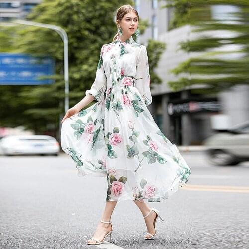 White Chiffon Bowtie Rose Floral Dresses Women Fashion Elegant 2021 Summer Long Casual Sexy Office Work Daily Dress Plus Size
