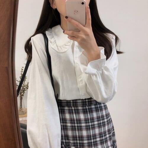 Shirts Blouses Women Fashion Design Girl Preppy Style Flare Sleeve Tops Crew Neck Solid Shirt Autumn Spring Brown Button Coats