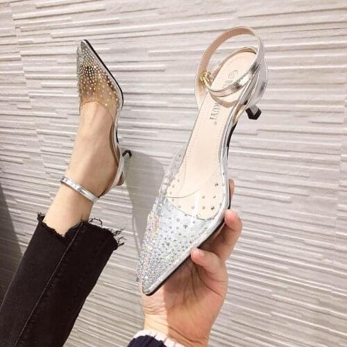 Transparent crystal summer party dress shoes pointed toe thin heels ankle strap ol sandals fashion ladies slingbacks sandalias