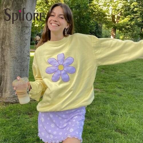 Spifore Floral Y2k Kawaii Hoodies Harajuku Yellow Pullovers Korean Fashion Long Sleeve O Neck Sweatshirts Tops Women 2021