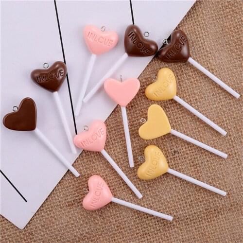 Julie Wang 10PCS Resin Heart Lollipop Charms With Nail Letters IN LOVE Lollipop Artificial Food Pendant Jewelry Making Accessory