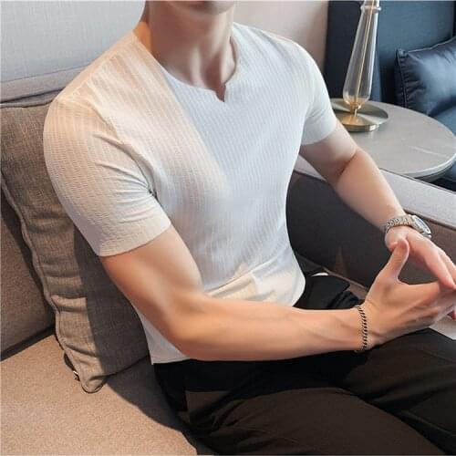 Fashion 2021 Summer Short Sleeve Ice Silk Stretched Striped T-Shirts Men Clothing O-Neck Slim Fit Casual Tee Shirt Homme 4XL-M