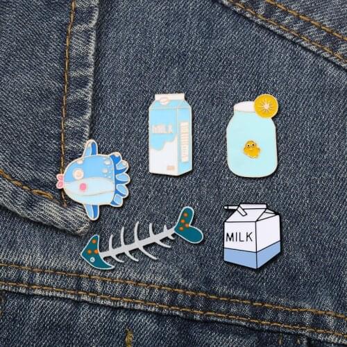 Blue Enamel Pins Collection Milk Lemon Juice Whale Fishbone Badge Cartoon Jewelry Brooches Lapel Pins Backpack Bag Accessories