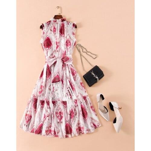 And American womens European clothing 2021 summer new style Sleeveless collar printing lace-up Fashionable dress