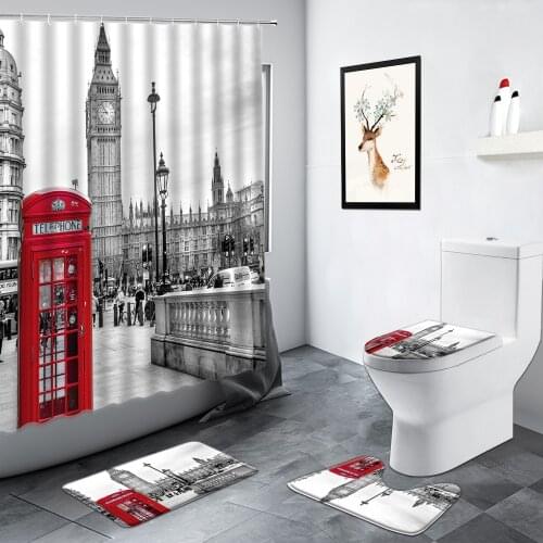 London Big Ben Red Telephone Booth Paris Street Scenery Shower Curtain Retro Building Bathroom Decor Rug Bath Mat Toilet Mat Set