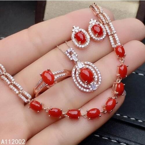 KJJEAXCMY fine jewelry natural red coral 925 sterling silver women necklace bracelet ring earrings set support test luxury