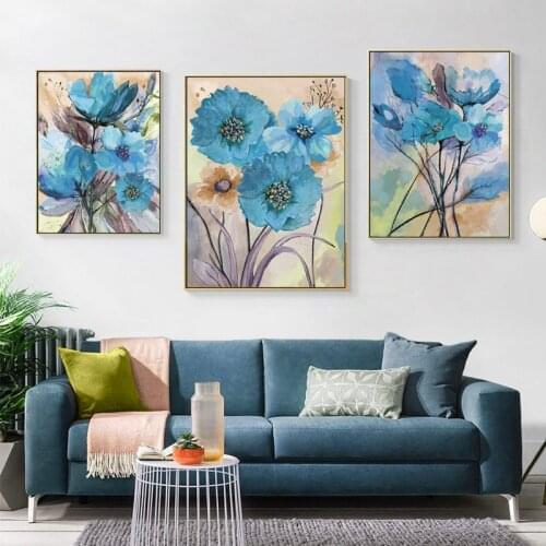 Watercolor Blue Flowers Poster Nordic Abstract Plant Canvas Painting Modern Print Wall Art Pictures Aisle Living Room Home Decor