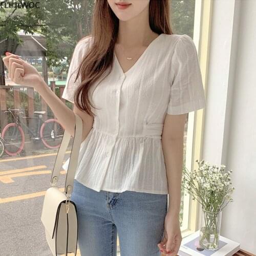 Limiguyue Chic Summer Tops Peplum Lace-Up Bow Tie Ruffled Shirt Blouse Korean Sweet Women Top Short Sleeve V-neck Blouses K1864