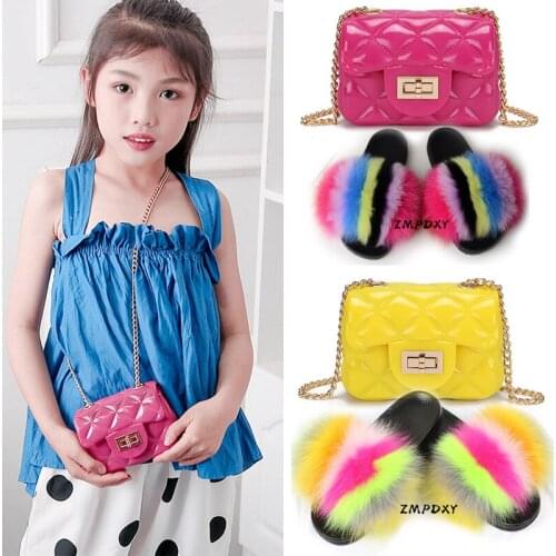 Winter Childrens Fox Fur Slippers Girls Chain Crossbody Phone Purse Fluffy Slides Jelly Handbag Shoes Sets Kids Fur Sandals Hot