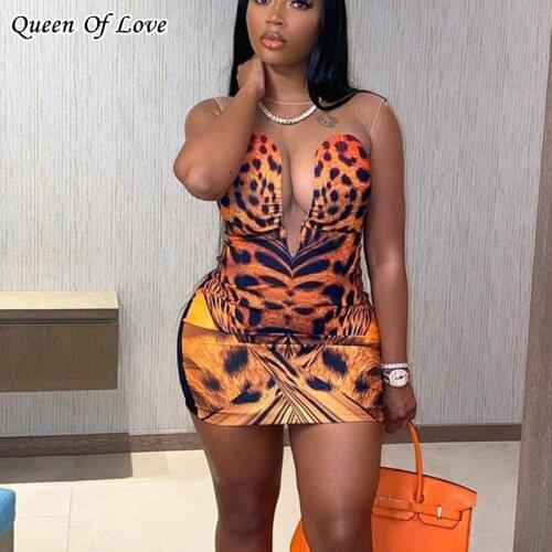 Sexy Sleeveless Bodycon Mini Dress 2021 Summer Fashion Patchwork Mesh V-Neck Leopard Print Club Party Dresses Outfits Y2K