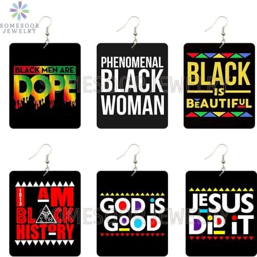 SOMESOOR Phenomenal Black Woman Sayings Print Dope Wooden Drop Earrings Jesus God Is Good Inspire Dangle Jewelry For Women Gift