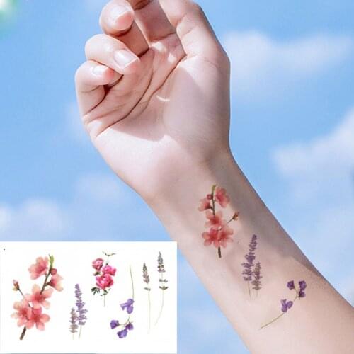 Water Transfer Tattoo Beautiful Flower Peach Blossom Lavender Camellia Harajuku Waterproof Temporary Fake Tattoo for Gril Woman