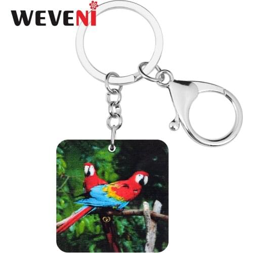 WEVENI Acrylic Square Lovely Macaws Bird Keychains Keyring Jewelry For Women Friends Girls Fashion Gift Bag Purse Bag Accessory