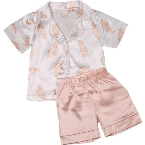1-6Y Summer Kids Baby Girls Pajama Sets Silk 2pcs Feather Print Short Sleeve Button Shirt Tops+Pink Shorts Soft Sleepwear Set