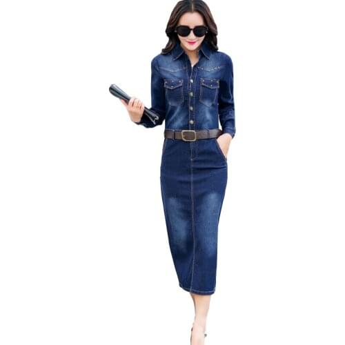 Elegant Slim Spring And Autumn Women Denim Dress New Korean Style Lapel Long-sleeved Belt Pocket Hip Dresses Female OK752