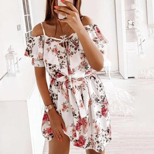 Summer Dress For Women Fashion Print Sexy Off Shoulder Strap Waist Spaghetti Woman Mini Dress Party Club Clothes 2021 Sundress