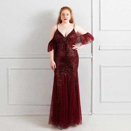 Sequins Burgundy Sexy V-Neck Evening Dress Spaghetti Strap Floor-Length Short Sleeves Mermaid Plus Size Women Formal Gowns D1281