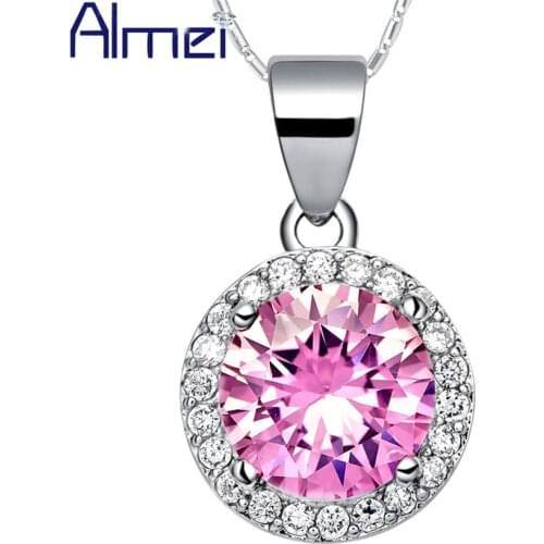 Almei 5%Off Promotion Round Pink Big Long Micro Pave Rhinestone Necklace Pendant for Mothers Day/Woman Anniversary Gift N1113