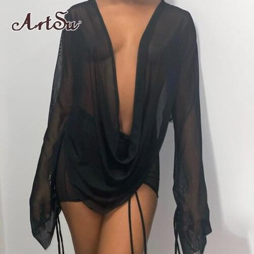 Artsu See Through Mesh Two Piece Set Women Skirt Solid Long Sleeve Sexy V Neck Skinny Bandage Drawstring Dress Outfits