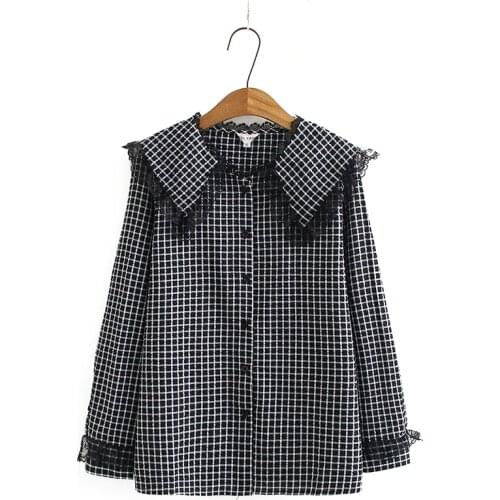 Plus size black Plaid Turn-down Lace Collar women loose shirts 2021 new spring casual ladies cotton blouse female tops